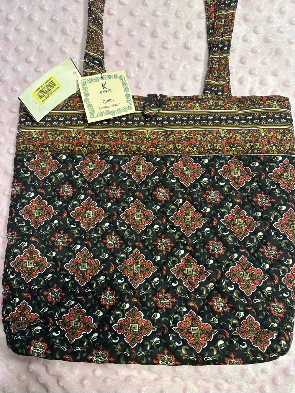 Kasper Black Quilted Tote with Red and Gold Medallion Print